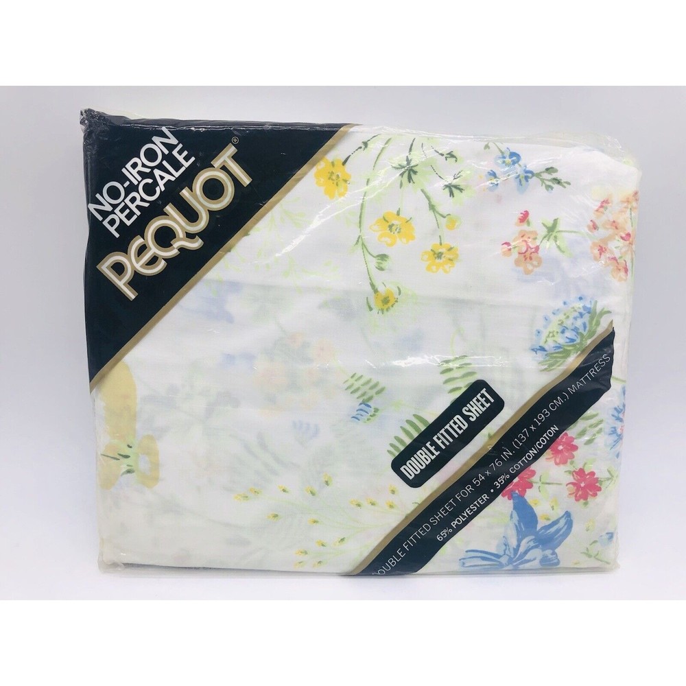 Vintage Double Fitted Bed Sheet MADEIRA GARDENS No-Iron Pequot Floral NOS NIP
